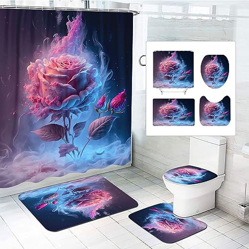 SMchwbc 4Pcs Rose Duschvorhänge Set Blumen Dusche Vorhang Set Mit Teppichen 4-teiliges, Rose Flower Regentropfen-Duschvorhang Rosa Blümchen Shower Curtains wasserdichter (200 x 200 cm(BxH),10)