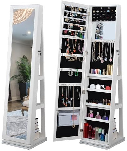 CuisinSmart 360° drehbarer Schmuckschrank, abschließbarer stehender Schmuckschrank mit Ganzkörperspiegel, freistehender Holzspiegelschrank mit versteckter Schmuckaufbewahrung für Schlafzimmer,