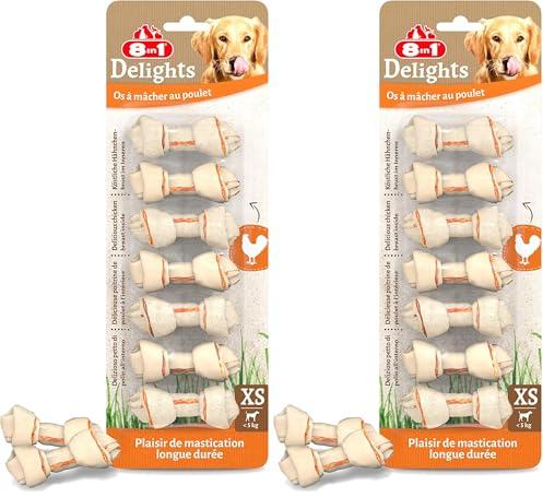 8in1 Delights Chicken Knochen XS - gesunde Kauknochen für mini Hunde, hochwertiges Hähnchenfleisch eingewickelt in Rinderhaut, 7 Stück (Packung mit 2)