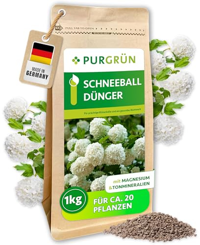 Purgrün® Schneeball-Dünger 1 kg – Organisch-mineralische Rezeptur – Feinkörniges Krümelgranulat – NPK 9+4+8 – Extra Magnesium für üppige Blütenbälle – Verbessert die Bodenqualität
