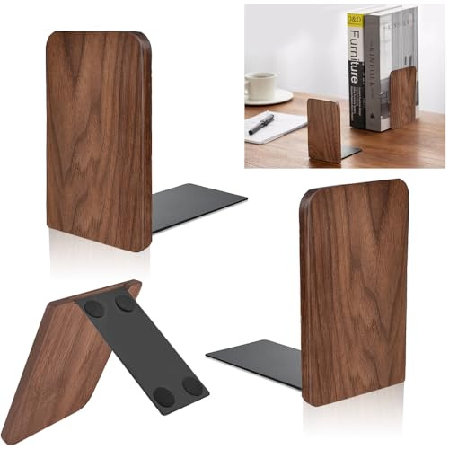 HEKOBAG 1 Pair Book Ends, Walnut Wood Bookends, Non-Slip Bookends, Heavy Duty Wooden Bookend Support Natural Walnut Book Stopper L-Shaped Book Ends for Shelves Home Office and Library(Square Head)