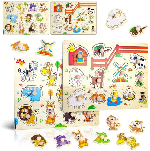 Dncvb Steckpuzzle 22-Teilig Bauernhof Holzpuzzle Kinder ab 1 2 3 Jahr Dschungeltiere Greifpuzzle Holz, Steckpuzzle Holz ab 1 Jahr, Montessori Lernspielzeug Kinderspielzeug Geschenke für Mädchen Jungen