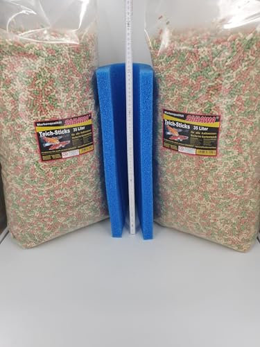 Teichsticks Teichfutter Sticks 3-Fach Mix Vorteilspack 2 x 3 kg (ca. 70 l) Beutel +1 Filterschaumplatte medium 50x50x3cm Goldfischfutter Koifutter Sahawa