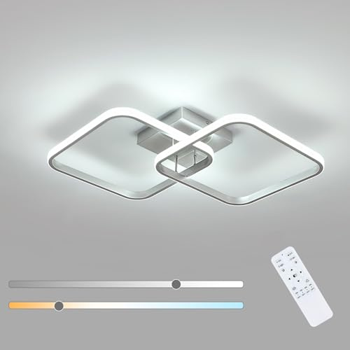 Toolight 50 W, Dimbar LED-taklampa, 64 cm, taklampa med fjärrkontroll 3 000 K-6 500K, modern fyrkantig taklampa i akryl, för sovrum, badrum, vardagsrum, kök, silver