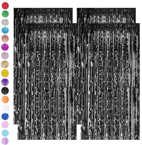 Black Tinsel Curtain Party Backdrop Glitter,4pcs 3.2ft x 6.5ft Foil Curtain Halloween Decorations,Black Foil Fringe Streamers Metallic Tinsel Door Hanging Foil Flow Silk Streamers for Black Party