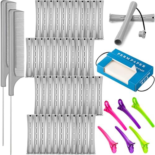 WILLBOND Hair Styling Kit: 48 Hair Perm Rods Plastic Cold Wave Rods, 2 Steel Pintail Combs, 350 Perm Papers, 6 Duck Bill Clips for Hairdressing Styling(Gray)