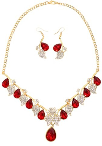KONFEN Women's Jewellery Sets, Jewellery Sparkly Cubic Branch Adjustable Chain Necklace Leaf Shape Earring Jewelry Sets for Women, Birthday Weddings Gifts Costume Accessories 2 PCS, Red
