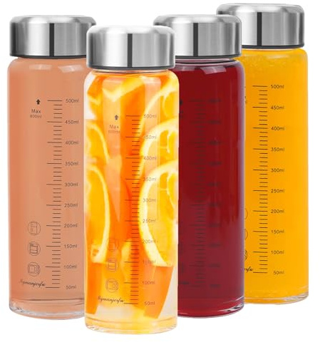 Glass Juice Bottles 4 Pack 20 oz - Wide Mouth Glass Water Bottles with Lids - for Juicing, Smoothies, Milk, Protein, BPA Free, Reusable, Stainless Steel Lids, Leak Proof, Shaker bottle (600 ml)