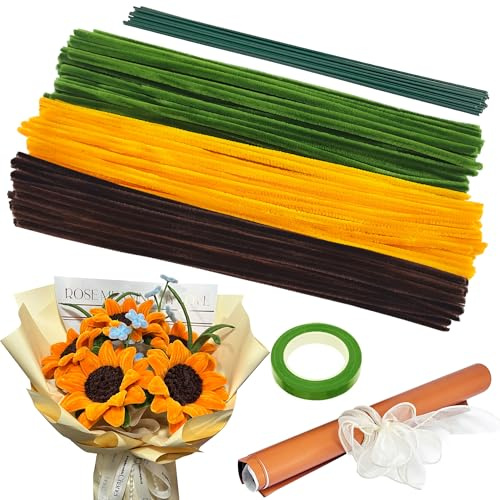 KAOTPO Pfeifenreiniger zum Basteln, 200 Stück Pfeifenputzer zum Basteln, Pfeifenreiniger Blumen Set mit Blumendraht, Bänder, Geschenkpapier, Geschenkband für Blumenstrauß DIY Dekorationen