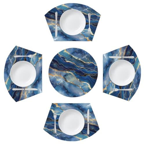 Mexpekil Abstract Liquid Blue Golden Marble Placemats Set of 4 for Round Table Wedge Place Mats with Centerpiece Heat Resistant Washable Plate Mats for Kitchen (5 Pcs)