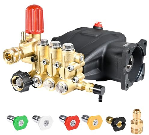 TOOLCY Pressure Washer Pump 3400 PSI Max 3.0 GPM, 3/4 Inch Shaft Horizontal Triplex Plunger Replacement, Direct Drive, with Unloader, 5 Nozzle Tips, 3/8 QC to M22-14mm Adapter