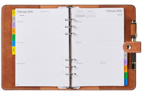 Academic Diary 2025 2026 A5, påfyllningsbar veckoplanerare med flikar, pennhållare, mjukt PU-läderfodral, augusti 2025-juli. 2026 arrangör med anteckningar, kontakter