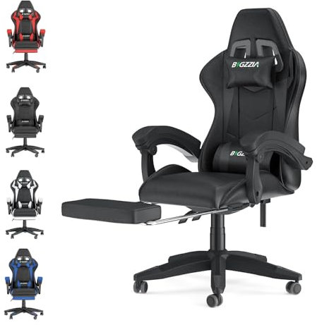 bigzzia Gaming Stuhl mit Fußstütze - Gamer Stühle Ergonomisch mit Lendenkissen + Kopfstütze Gaming Chair Höhenverstellbar Computerstuhl für Erwachsene Mädchen Junge (Schwarz)