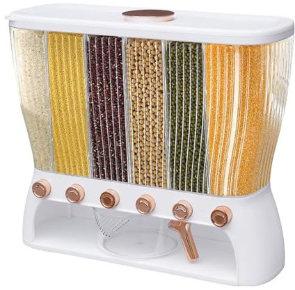 TVQUVMKE White,Grain Dispenser, 6 Grids Multigrain Tank, Wall mounted 22.05 Pounds Rice Dispenser Multi Cereal Dry Food Dispenser Storage Containers