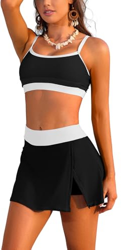 SHEKINI Bikini för kvinnor, hög midja, badkjol med säkerhetsshorts, bandeau, bikini, topp, färgblock, baddräkt, tvådelad, magkontroll, badmode, baddräktsklänning, Svart vit, S