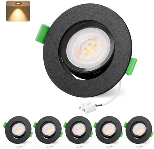 YindaLux LED Einbaustrahler 230V 2700K Warmweiß 5W 550LM 45° Schwenkbar GU10 Deckenspots Schwarz Flach LED Spots 230V 68mm bohrloch IP44 Bad Einbauleuchten Einbauspots 6er Set, Nicht dimmbar