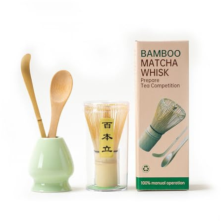 Kit d'accessoires pour thé en bambou – Ensemble de 4 fouets à matcha de qualité supérieure : 100 dents, support en céramique, cuillère et cuillère – Kit d'outils en bambou (vert vif)