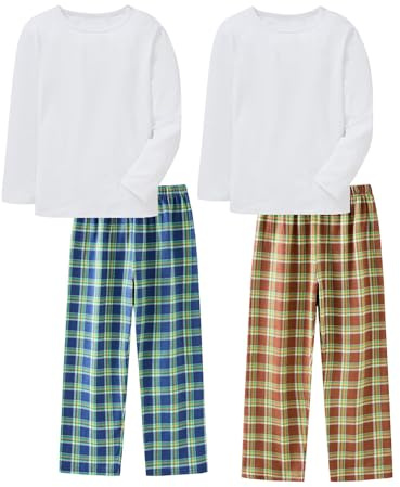 LOLPIP Jungen Pyjamas 4-teiliges Set Kinder Kleidung Stretch gerippte Baumwolle Nachtwäsche Weiß Top Karierte Hosen Nachtwäsche 3-11 Jahre