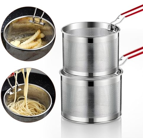 WIYETY sil korgset i rostfritt stål, 2 stycken 304 rostfritt stål, pastasil, fritöskorg med antiskållningshandtag, kökssil för kök och matlagning, köksprylar, Ø 16 cm Ø 18 cm