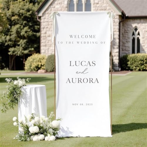 Segno di benvenuto per matrimonio in seta, striscione personalizzato per matrimoni all'aperto, cartello di benvenuto in lino, decorazione nuziale (70 x 200 cm)