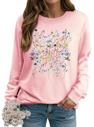Dresswel Sweatshirt Damen Vintage Inspirierte Botanisches Blumen Druck Rundhals Langarmshirt Baumwolle Pullover Herbst Winter Langarm Oberteile Tops