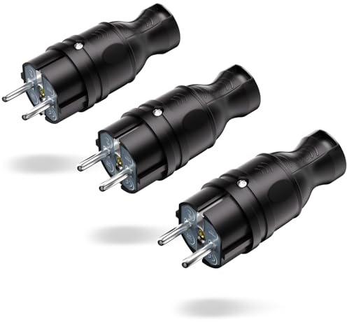 3 enchufes Schuko, enchufe Schuko IP44 para exteriores, enchufe con contacto de protección 250 V/16 A. Apto para uso en interiores y exteriores (negro)