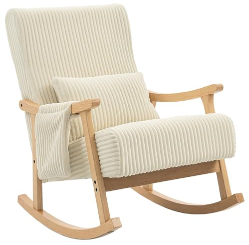 HOMCOM Silla Mecedora, Mecedora de Pana con Cojín Lumbar, Patas y Reposabrazos de Madera, Asiento Ancho, Bolsillo, Estilo Moderno, Sillón de Relax, Carga 120 kg, para Dormitorio, Salón, Beige