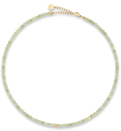 Pärlhalsband för dam av äkta fasetterade naturstenar 4 mm | Justerbart jadehalsband med 18K guldplätering (40–45 cm) | Vattentåligt boho-halsband (grön)