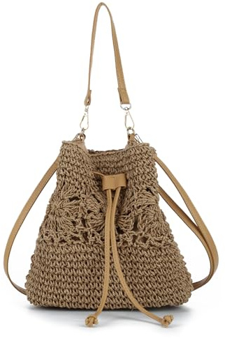 EVEOUT Straw Crossbody Bag Women Summer Boho Chic Faux Raffia Woven Bucket Bag with Handle and Strap for Beach Holiday & Daily Use