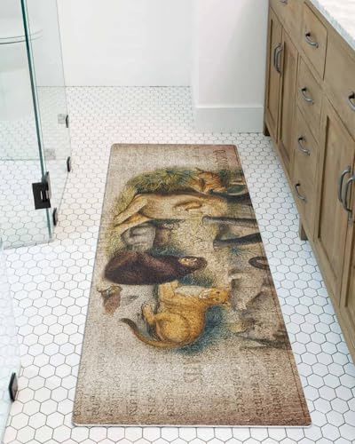 Animal World Shower Mat Non Slip Bathtub Mat Elephant Tiger Giraffe Vintage Newspapers Texture Bath Mat Soft Loofah Shower Mats for Shower Tub Bathroom Quick Drying Foot Mat, 16x47 Inch