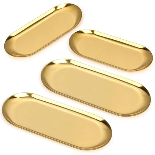 4 Pcs Gold Trays Decorative, Stainless Steel Gold Trays Decorative, 2 Sizes | Gold Tray for Jewellery, Cosmetics, Keys, Candles, Desserts, Snacks, Bedrooms, Bathrooms and Coffee Tables