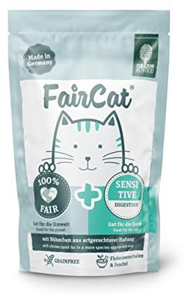 Green Petfood FairCat Sensitive (16 x 85 g), getreidefreies Katzenfutter mit Flohsamenschalen & Fenchel, Katzennassfutter für ausgewachsene und wählerische Katzen, Katzenfutter mit angenehmen Duft