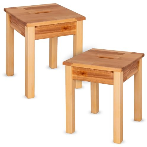 Staboos 2er massiv Holzhocker Doc mit Eingriff bis 150 kg - Buche Sitzhocker aus Holz - Kernbuche Natur - Hocker als Nachttisch nutzbar - 35 x 35 x 45cm