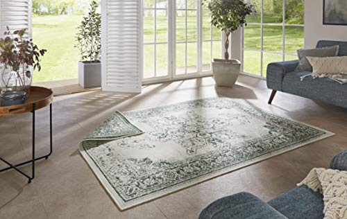 NORTHRUGS In- und Outdoor Teppich Borbon 80x150cm - Wendeteppich Wetterfest Orientalisches Vintage Design Läufer für Balkon Terrasse Garten Wintergarten Wohnzimmerteppich Wasserfest in Grün Creme
