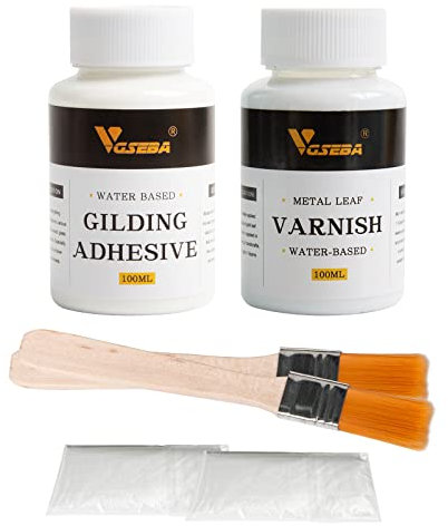VGSEBA Colla per Foglia D'oro, Adesivo per Doratura, 100ml Colla a Base D'acqua Della Foglia del Metallo e 100ml Vernice, 2 Pennelli per Metallo, Artigianato, Pittura e Arti