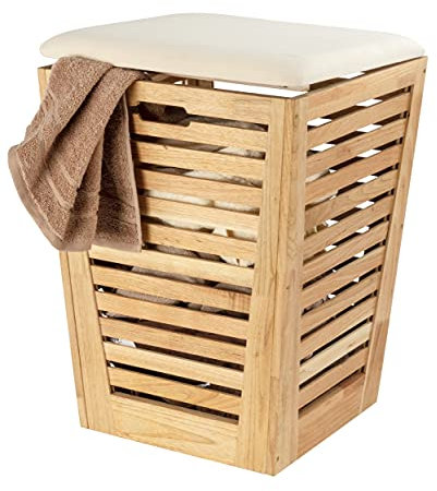 WENKO Wäschetruhe Norway, hochwertiger Wäschesammler mit gepolsterter Sitzfläche als Deckel im Scandi-Style, aus massivem Walnussholz geölt, 40 x 56 x 40 cm, Fassungsvermögen 55 L