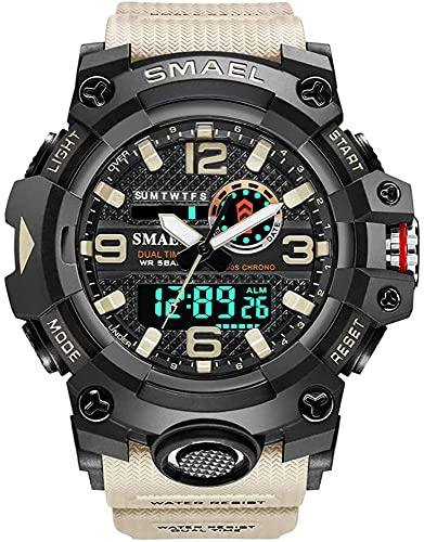 Montre Militaire Homme,Fomtty Montre Homme Analogique et Numérique, Montre de Sport Imperméable Montre LED avec Chronomètre Numérique Montre Luxe Casual Wristwatch, Cachi, bracelet