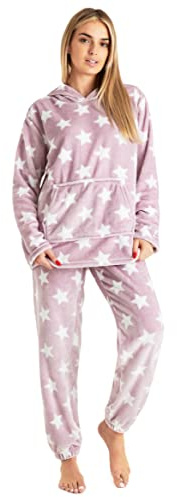 CityComfort Pyjamas för kvinnor, fluffig fleece dam pyjamas, myskläder set, Rosa stjärna, L