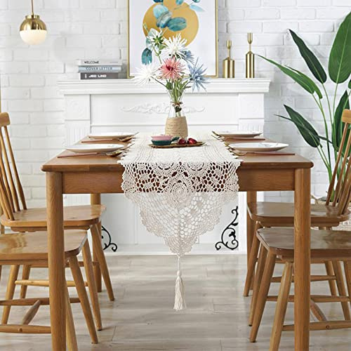 Syfunlv Makramee Tischläufer Rechteckige, Quasten Tischläufer 40cm x 90cm Boho Tischläufer Gehäkelt Stickerei Tischläufer, Boho Vintage Bauernhaus Tabletop Dekor,für Hochzeit Rustikales (40 x 80 cm)