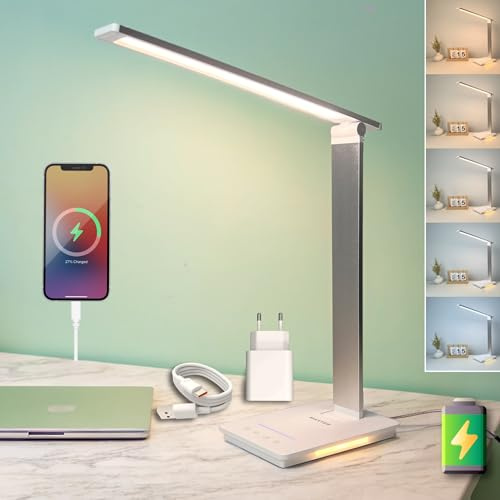 Kabellose LED Schreibtischlampe mit Wiederaufladbarer BATTERIE - Nachttischlampe - Tischlampe - Dimmbares LED Lampe (5 Helligkeits- und 5 Farbstufen, USB-C, 30 Min Timer, Lesemodus) - Desk Lamp