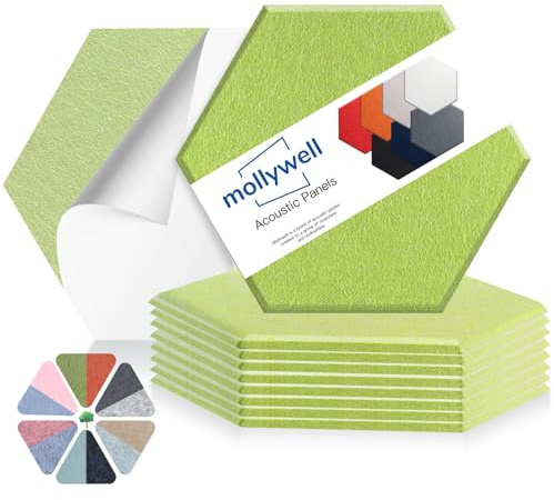 Mollywell Hexagon Acoustic Panels, High Density, Soundproofing, Decorative Noise Reduction Felt Wall Tiles for Ceilings, Home Office & Gaming Room (Fruit Green), 14x12x0.4 Inch