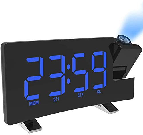 ATAAY Sveglia a proiezione, Sveglia Digitale FM Schermo Curvo Radio FM/Proiezione dell'ora/Proiettore Regolabile/Snooze/Doppi allarmi/Porta Caricatore USB/12/24 Ore/Dimmer,Blue