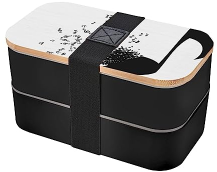 Musikparty bedruckte Bento-Lunchbox, Lunchbehälter, stapelbar, Bento-Box, doppellagig, Lunchbox mit Utensilien-Set für Männer und Frauen, Schwarz