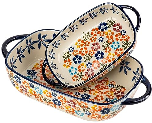ONECCI Retro pastoral style Ceramic Baking Dish Rectangular Bakeware Set Baking Pan, 2-piece Hand-painted Porcelain Baking pan with handle, Casserole Dish for Oven/Cooking/Kitchen (Colorful Flower)