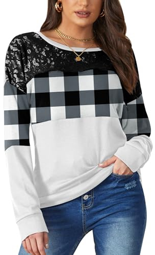 BesserBay Dam höst rund hals långärmad tröja med svarta spetsar casual top S–XXL, Rutigt och vitt, M