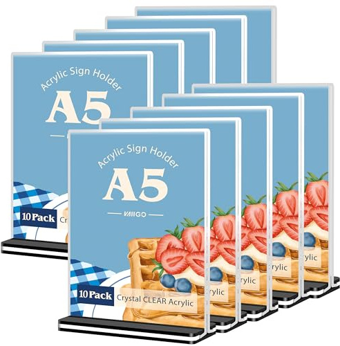 VAIIGO 10 Packs A5 Acrylic Sign Holder, Poster Menu Holder, Double Sided Perspex Display Stand for Restaurant, Bar, Hotel, Office, Store, Counter Leaflet Sign Holder, Black Base