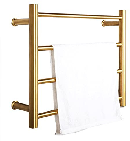 QOJJ Radiador, Calentador de Toallas Eléctrico de Acero Inoxidable Dorado Cepillado con 4 Barras Redondas Calentadas, Toallero con Calefacción Montado en La Pared para Baño, Cableado