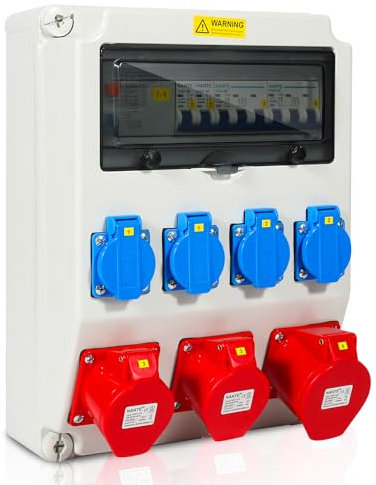 Eulenke Scatola Presa da Cantiere 32A 16A 230V, Prese CEE, Impermeabile IP44, Interruttore di Sicurezza, 4x Prese Schuko, Presa CEE 16/32A, Distributore di Corrente