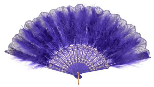 sourcing map Feather Hand Fan,Purple Vintage Folding Fan Feather Fan Handheld for Halloween Party Wedding Dancing Decoration
