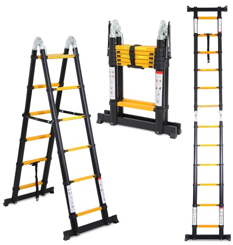 Fiqops Échelle télescopique 3,8 m (1,9 m + 1,9 m) - Cadre en A - Échelle Pliante en Aluminium avec Barre stabilisatrice - Charge maximale : 150 kg - pour l'intérieur et l'extérieur - Noir/Jaune